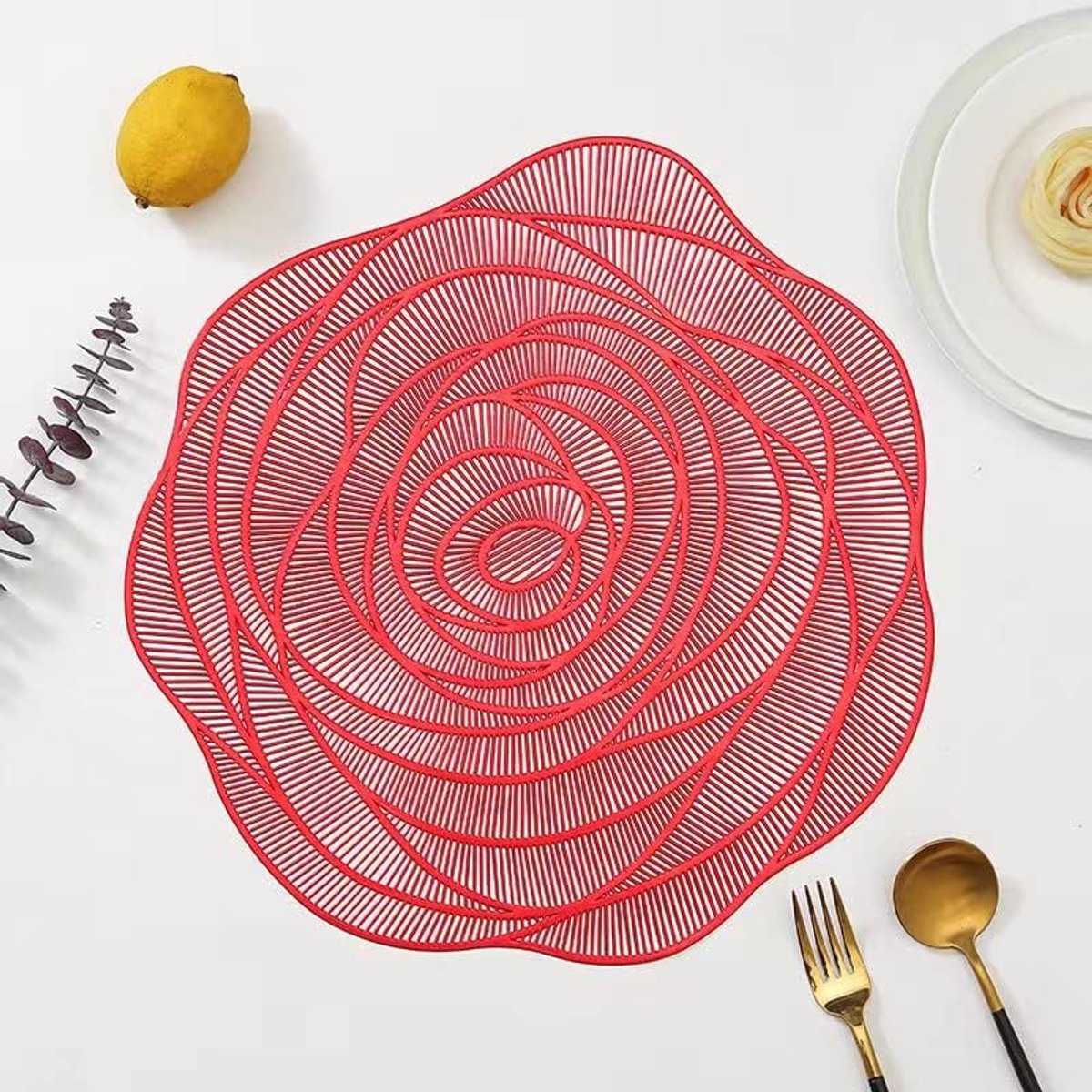 Placemats Set - Tafelmatten - Eettafel Decoratie - Metallic Geperst Vinyl - 38x38cm - Rood