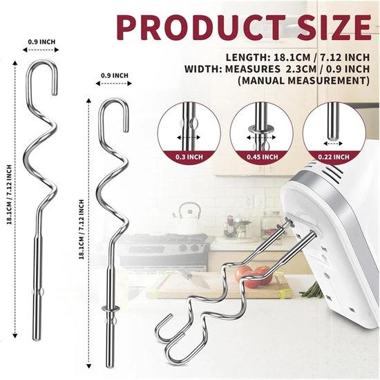 Deeghaak Set - Mixer Accessoires - Deeg Mengen - Roestvrij Staal - 2 Stuks - Zilver van Merkloos — afbeelding 3