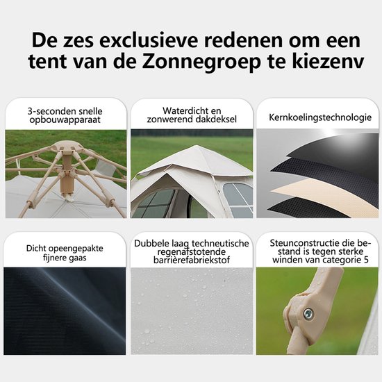Automatische Pop-up Tent met Slaapmat - Vierhoekige Kampeertent voor 2-3 Personen - Waterdicht met Vaste Zonnekap - Inclusief Draagtas - Ideaal voor Gezinscamping en Festivals - Met Verzilverde UV-Block Coating - Snelle 3-Seconden Opzet - Wit van Merkloos — afbeelding 3