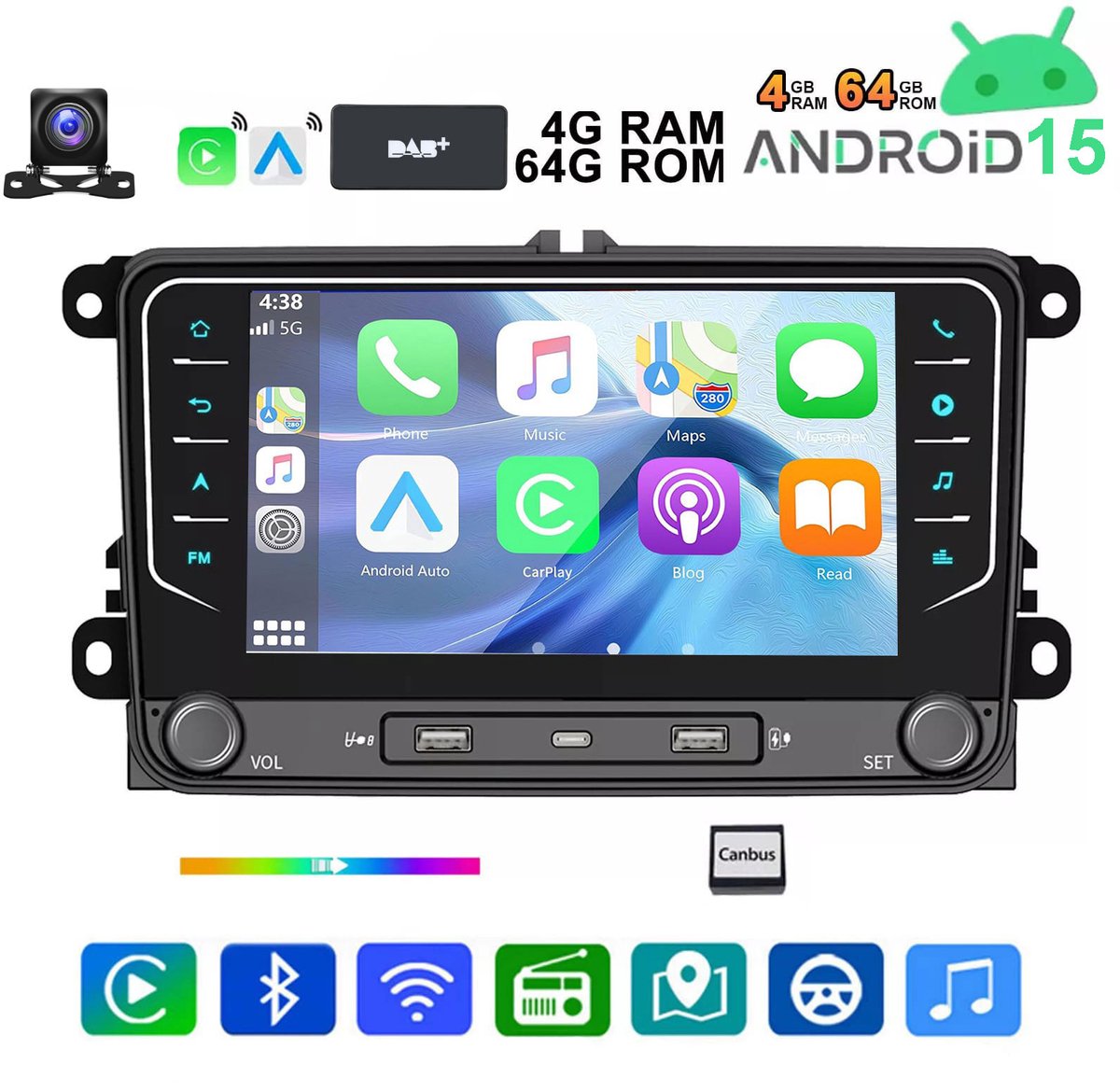 ESSGOO Autoradio voor Volkswagen GOLF MK5 MK6 PASSAT Touran EOS Polo - Android 15 - 4 GB +64 GB - 7 inch - Draadloos Apple Carplay en Android Auto - GPS-Navigatie - Bluetooth - Wifi - Achteruitrijcamera - DAB+