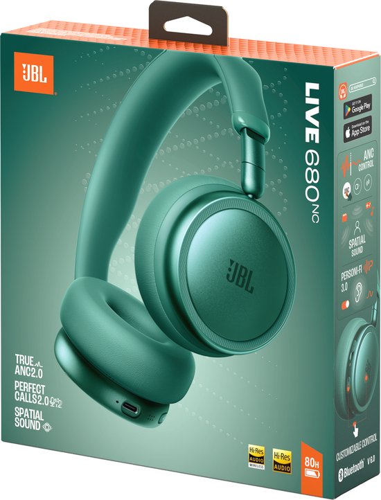 Verpakking van de groene JBL Live 680NC draadloze koptelefoon met productafbeelding.