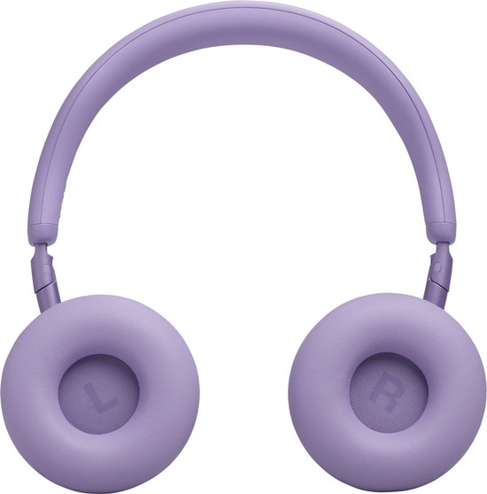 Lichtpaarse on-ear koptelefoon, gedetailleerd op een zwarte achtergrond.