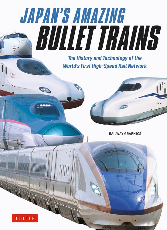 Titre : Japan's Amazing Bullet Trains. Quatre trains à grande vitesse japonais, chacun avec un design aérodynamique unique en blanc, argent, bleu et rouge. Texte : Japan's Amazing Bullet Trains.