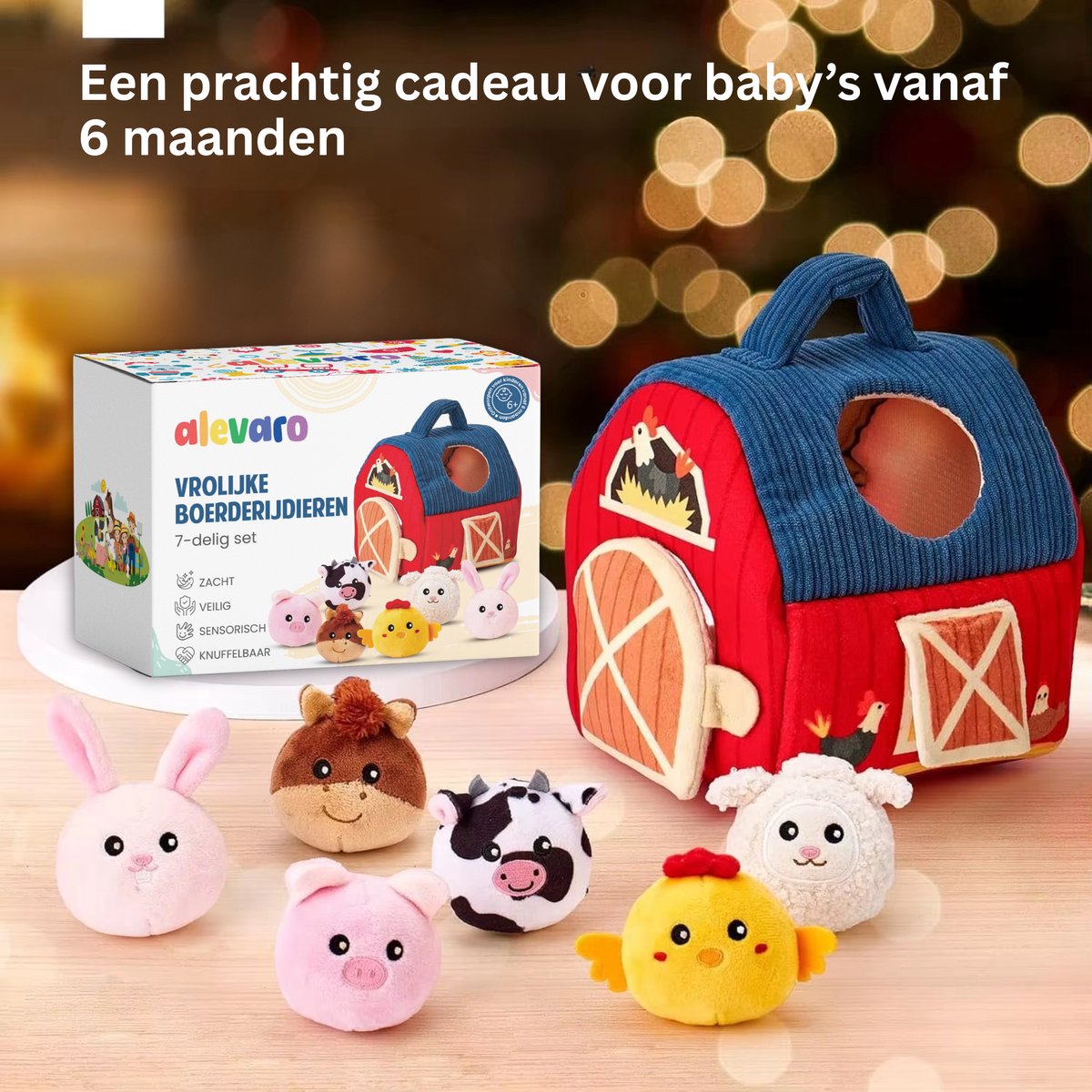 Baby Speelgoed 6-12 maanden - Sensorisch Pluche Speelgoed met Stal en 6 Dierenvriendjes - Montessori Speelgoed met Boerderijdieren - Baby Cadeau met Knuffels - Educatief speelgoed - Kinderspeelgoed 1-3 jaar — afbeelding 3