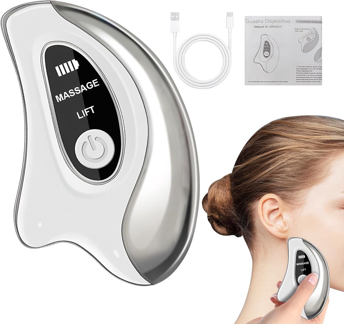 Gezichtsmassager - Gua Sha Tool - Huidverzorging - 2-in-1 Verwarming - 11.6 x 7 cm - Wit