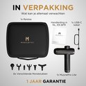 MusclePro Lite massagepistool in zwarte koffer met 6 mondstukken, handleiding en USB-C kabel.