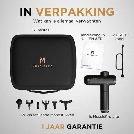 MusclePro Lite massagepistool in zwarte koffer met 6 mondstukken, handleiding en USB-C kabel.