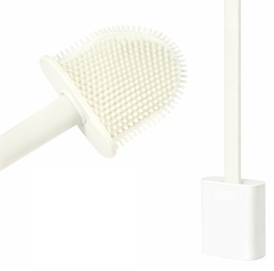 Brosse à toilettes blanche en silicone avec manche rigide et support, détails de la tête de brosse.