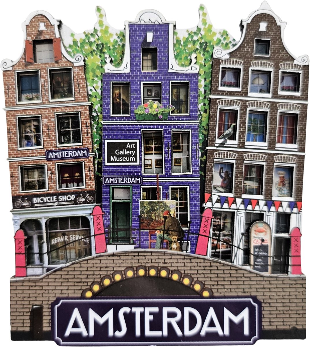 Amsterdam - souvenir - magneet - Typisch Hollands - Gevelhuisjes - Souvenirmagneet - 3 Grachtenpandjes op boogbrug - Hollandse souvenirs