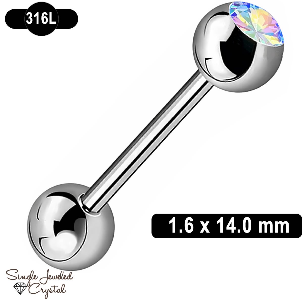 Tongpiercing 1.6 x 14 mm – 316L Chirurgisch Staal – AB Crystal Steentje – Regenboog Effect – Barbell Piercing