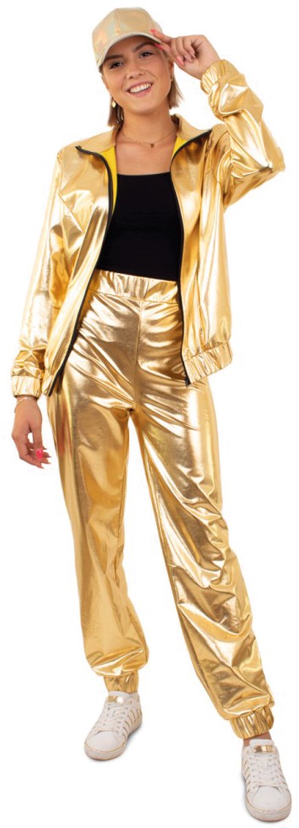 PartyXplosion - Glitter & Glamour Kostuum - Gouden Metallic Retro Trainingspak Proud To Be Goud Dames - Vrouw - goud - XXL - Carnavalskleding - Verkleedkleding - Carnaval kostuum dames