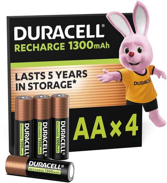 Doos met 4 Duracell oplaadbare AA batterijen, 1300 mAh, met de Duracell bunny en tekst "AA x4".