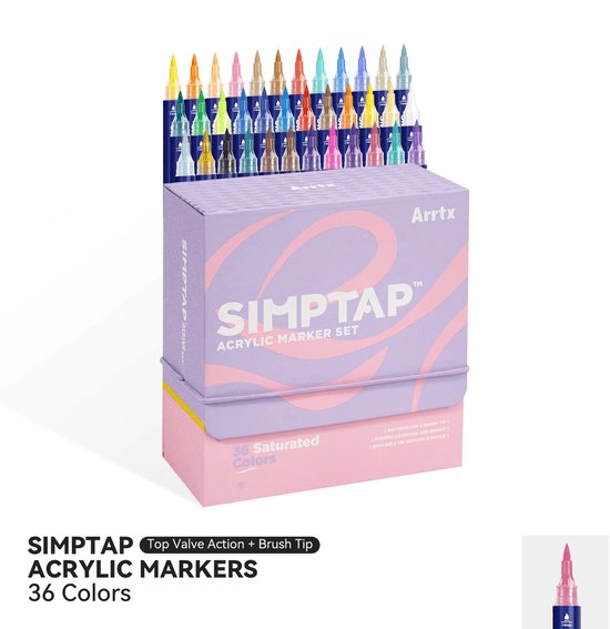 Arrtx Simptap acrylmarkers set, 36 verzadigde kleuren, met een paarse en roze gestreepte doos.