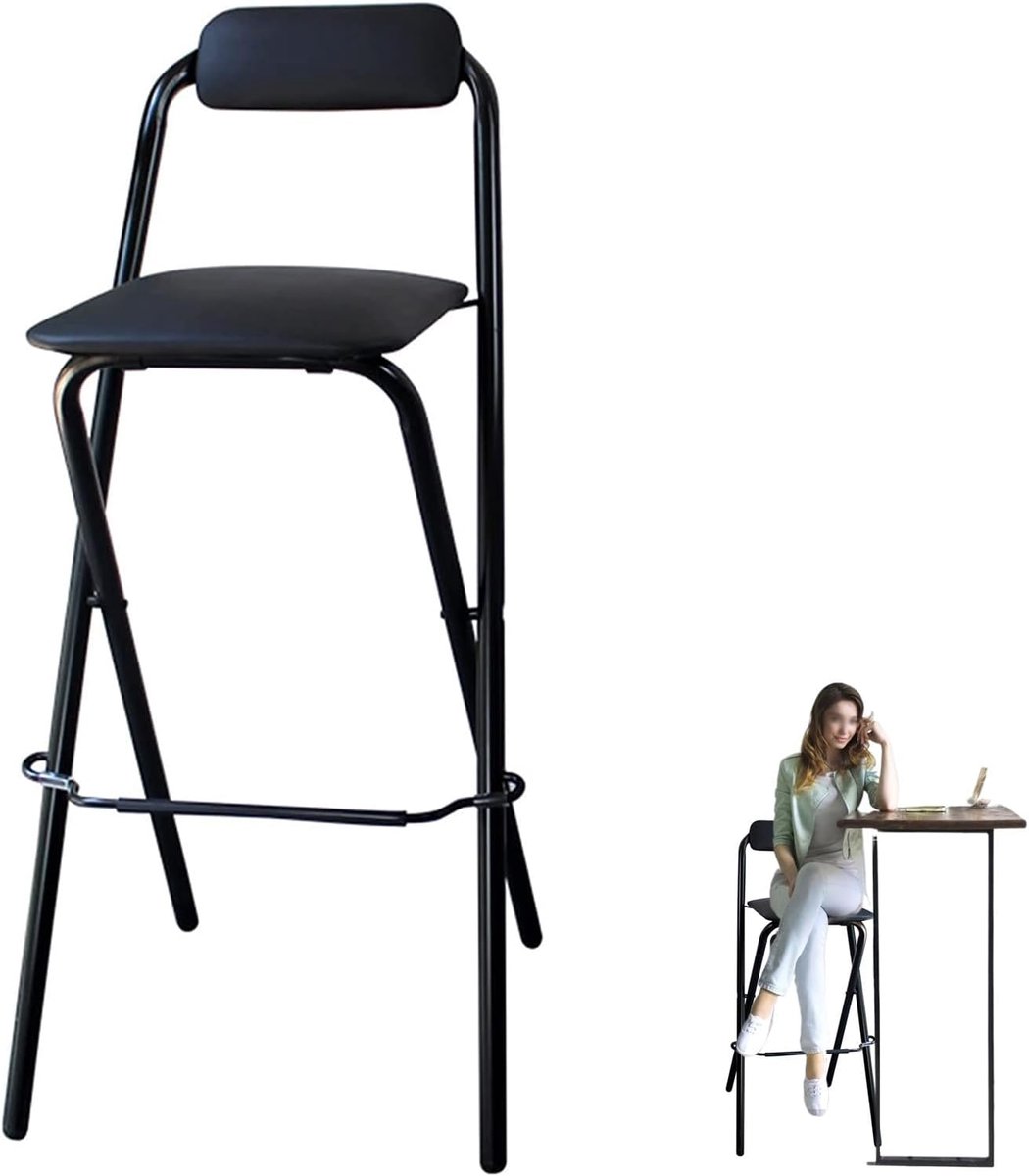 Inklapbare Barkruk - Zwarte PU Stoel - Keuken Bar - Met Rugleuning Voetsteun - Zithoogte 65 cm