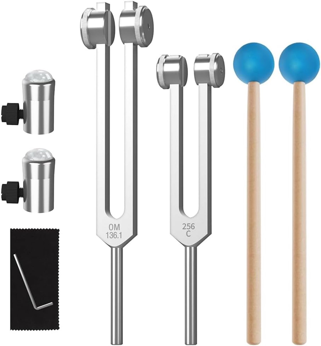 Stemvork Set - Klanktherapie Instrumenten - Ontspanning en Balans - Edelsteen Voeten - 24x15x6 cm - Zilver