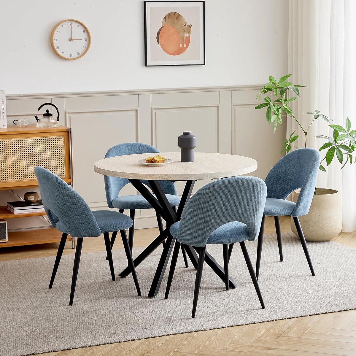 Eettafel Set - Ronde Tafel Stoelen - Eetkamer Meubels - Travertin Look - 100x100x76.5cm -