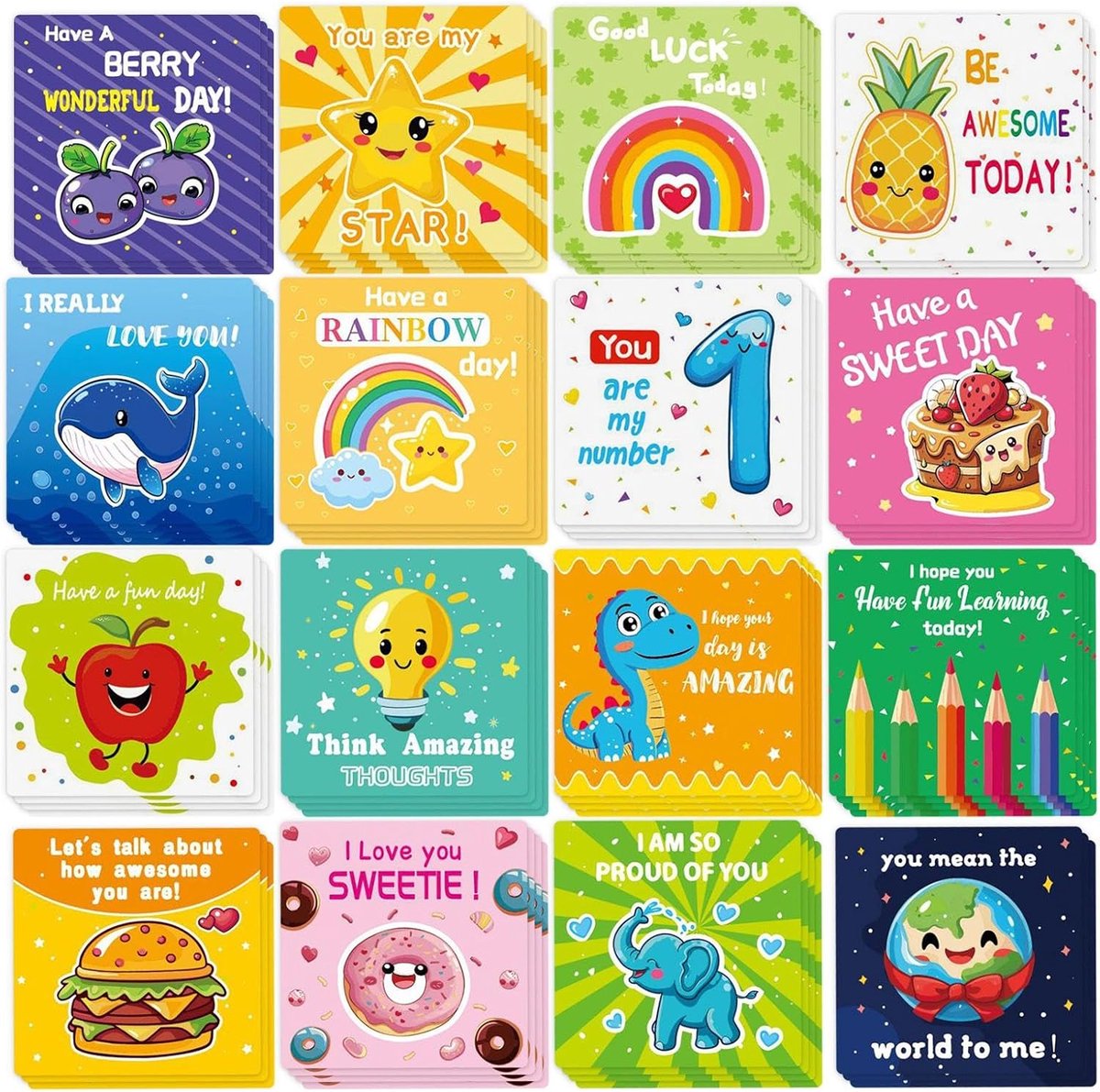 Motivatiekaarten Kinderen - Positieve Berichten - Dagelijkse Aanmoediging - 60 Unieke Motieven - 8.9 x 8.9 cm - Multicolour