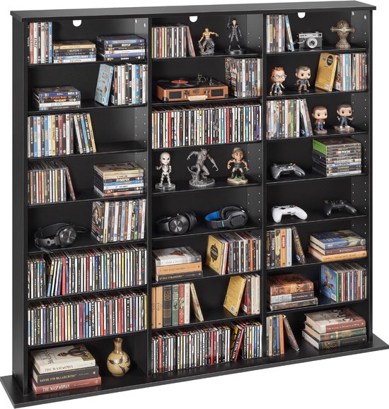 Étagère VEVOR DVD avec 24 Compartiments (8 Niveaux), Étagère Média, Étagère Autoportante 142x22x130cm, Étagère de Rangement Économe en Espace pour CD, DVD, Boeken, Disques de Jeu, Étagère à Boeken pour Salon/Bureau à Domicile, Zwart