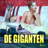 Vrouw in retrokleding op witte en rode racewagenbank, met tekst 'DE GIGANTEN'