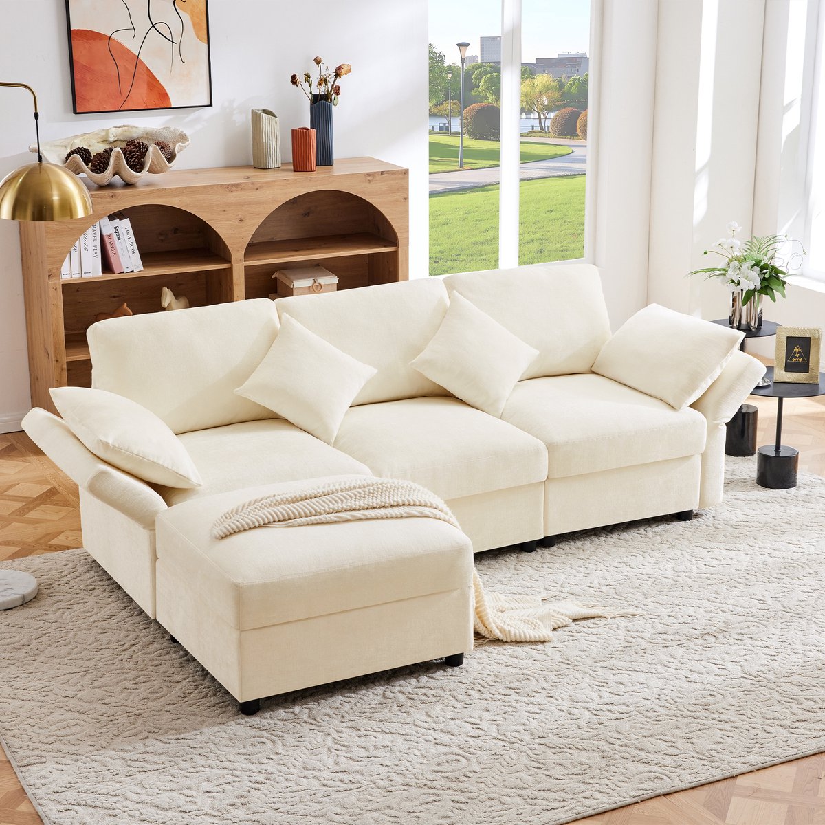 Wishdor - Hoekbank Met Hocker - Verstelbare Armleuningen En 4 Kussens - Multifunctioneel - Chenille - Beige - 218 X 156,5 X 86 Cm