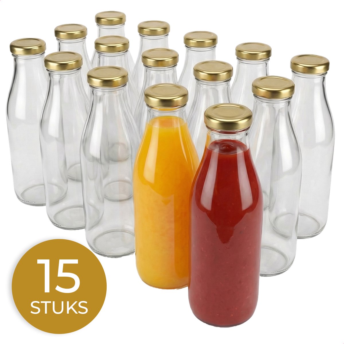 Glasverpakkingen® Sapfles 1000ml - 15 Stuks - Glazen Flesjes met Dop - Hervulbaar - Smoothie Fles - Sausfles - Sapflesjes Herbruikbaar - Gouden Dop