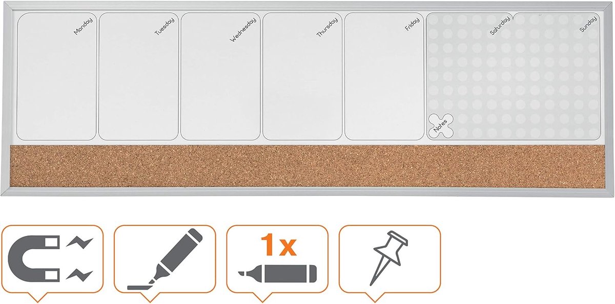 PromoHome Kleine Magnetische Weekplanner met Prikbord Kurk – Whiteboard Familie Planner – Droog Uitwisbaar – Wand of Koelkast – Inclusief Marker & Magneten – 58,5 x 19 cm — cadeau in Kalenders & Planners - foto 8