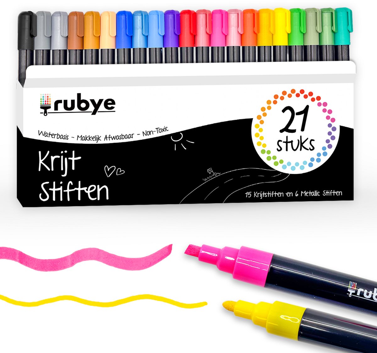 Rubye® Raamstiften - Krijtstiften afwasbaar voor kinderen - 21 stuks