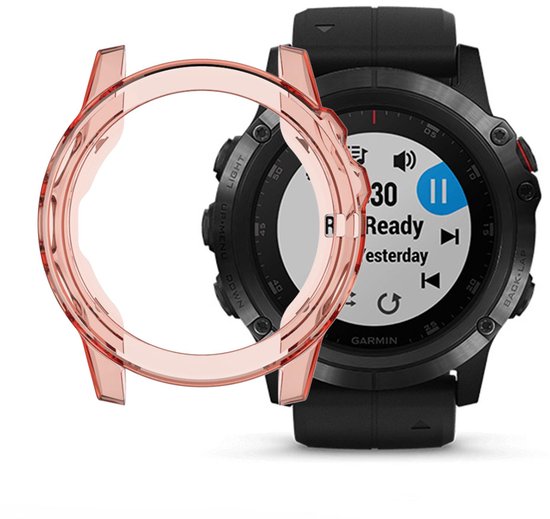 Roze TPU hoesje naast een zwarte Garmin Fenix smartwatch met een roze band.