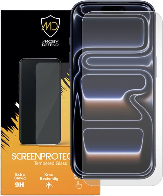 MobyDefend screenprotector verpakking met iPhone en gehard glazen screenprotector.