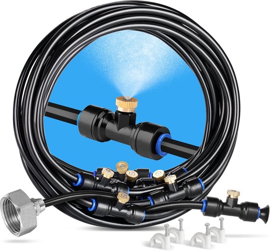 Buitennevelsproeier, 8M terrasnevelsproeier met 7 nevelsproeiers + 2 reservesproeiers + 1 adapter (messing, 3/4") nevelsproeier voor terras, tuin, kas, trampoline voor waterpark