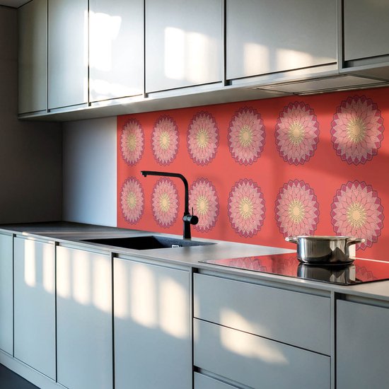 Wallfluent Vinyl Tegels - Bloemenmandalapatroon Zelfklevende PVC Tegels - 60 cm x 30 cm - Rood Vinyl Tegels - Verpakking van 6 stuks - Rechthoek PVC Tegels - Bloemen en Planten Plaktegels - Vinyl Vloer Tegels - Plaktegels Keuken en Badkamer