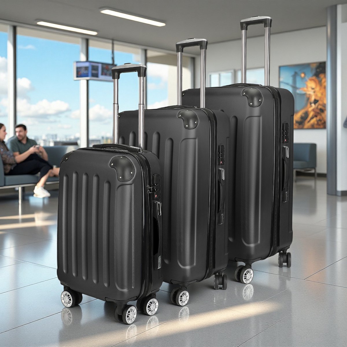 Zwarte ABS kofferset 3-delig – Handbagage & Reiskoffers met TSA-slot