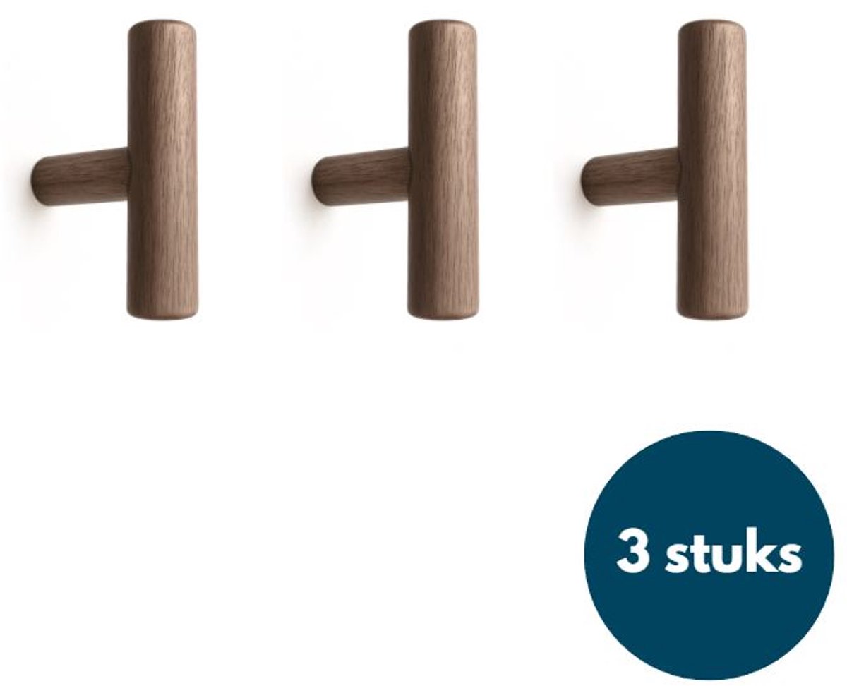 Jashaken hout - Walnoot licht - Kapstok haken - Wandhaken - Wandkapstok - 3 stuks