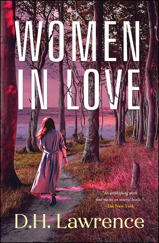 Boekomslag van 'Women in Love' door D.H. Lawrence, met een vrouw die een bospad oploopt bij zonsondergang.