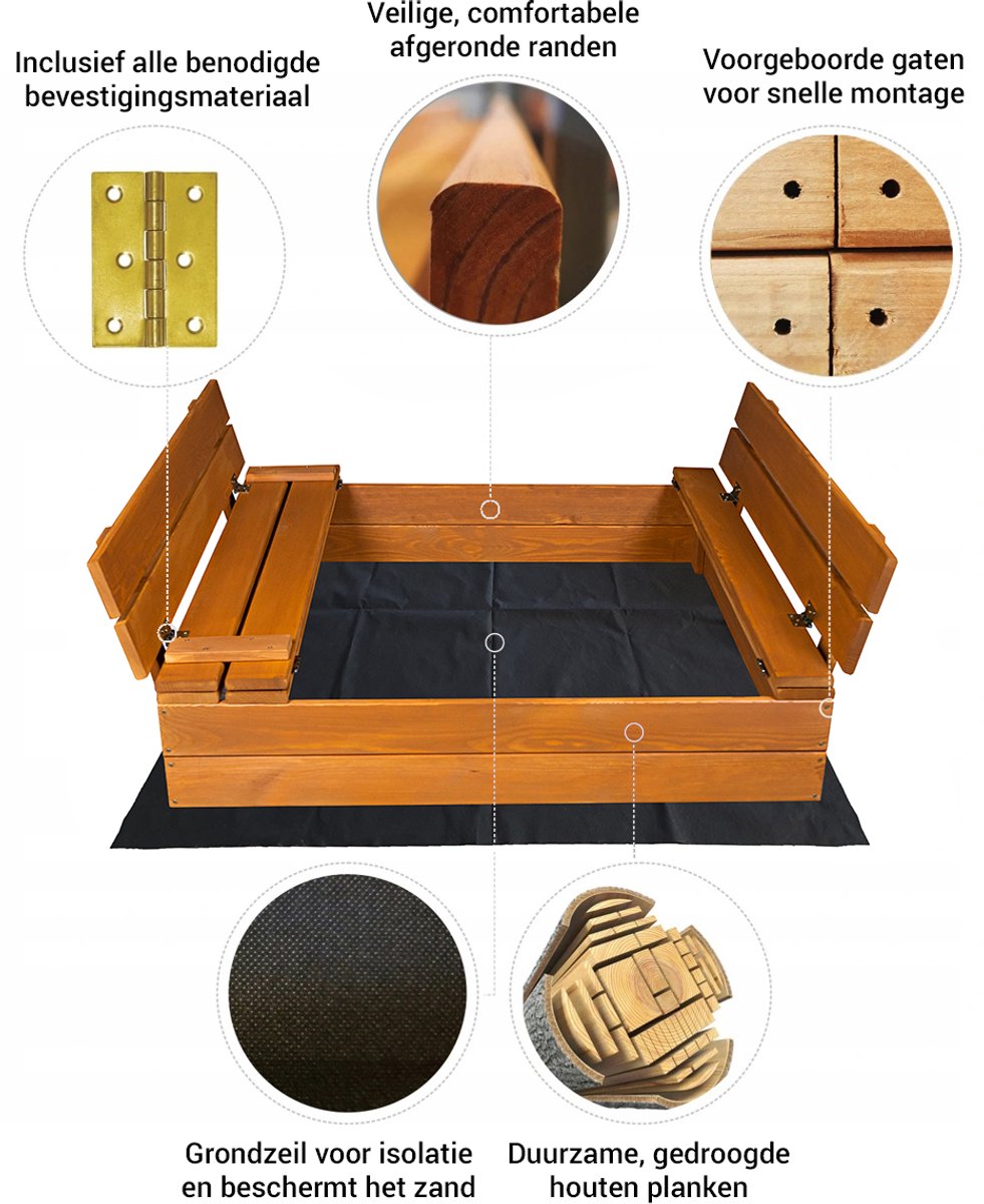 Afsluitbare Zandbak met Banken 100x100 cm – GECERTIFICEERD & GEÏMPREGNEERD HOUT | Incl. Afdekzeil & Gronddoek | Voor 1 Kind — afbeelding 11