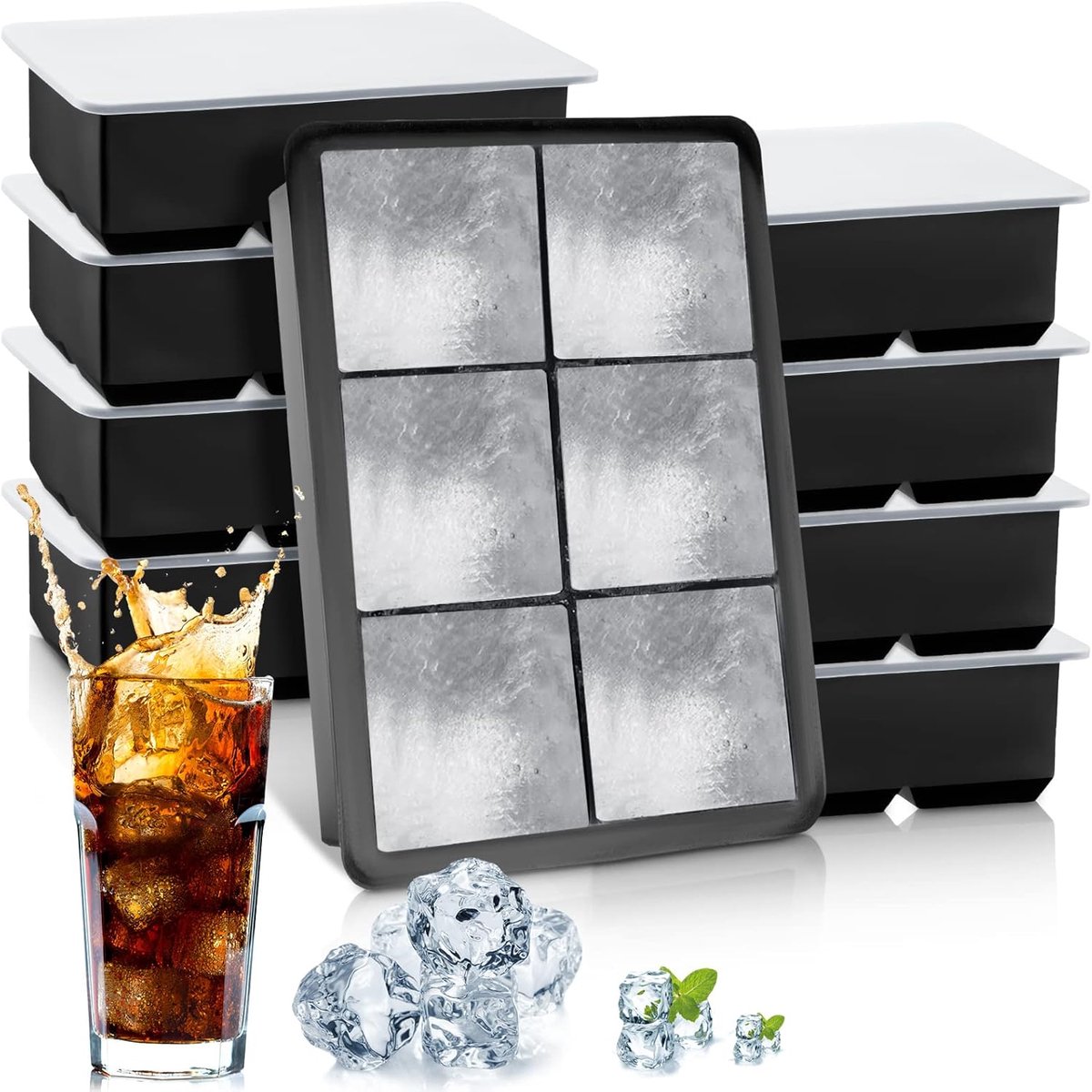 Siliconen ijsblokjesvorm met deksel - 8 stuks - 16×11×5 cm - Vierkante ijsblokjes met 6 holtes - Geschikt voor cocktails, whisky, vriezers, eten, wijn en sap - Zwart