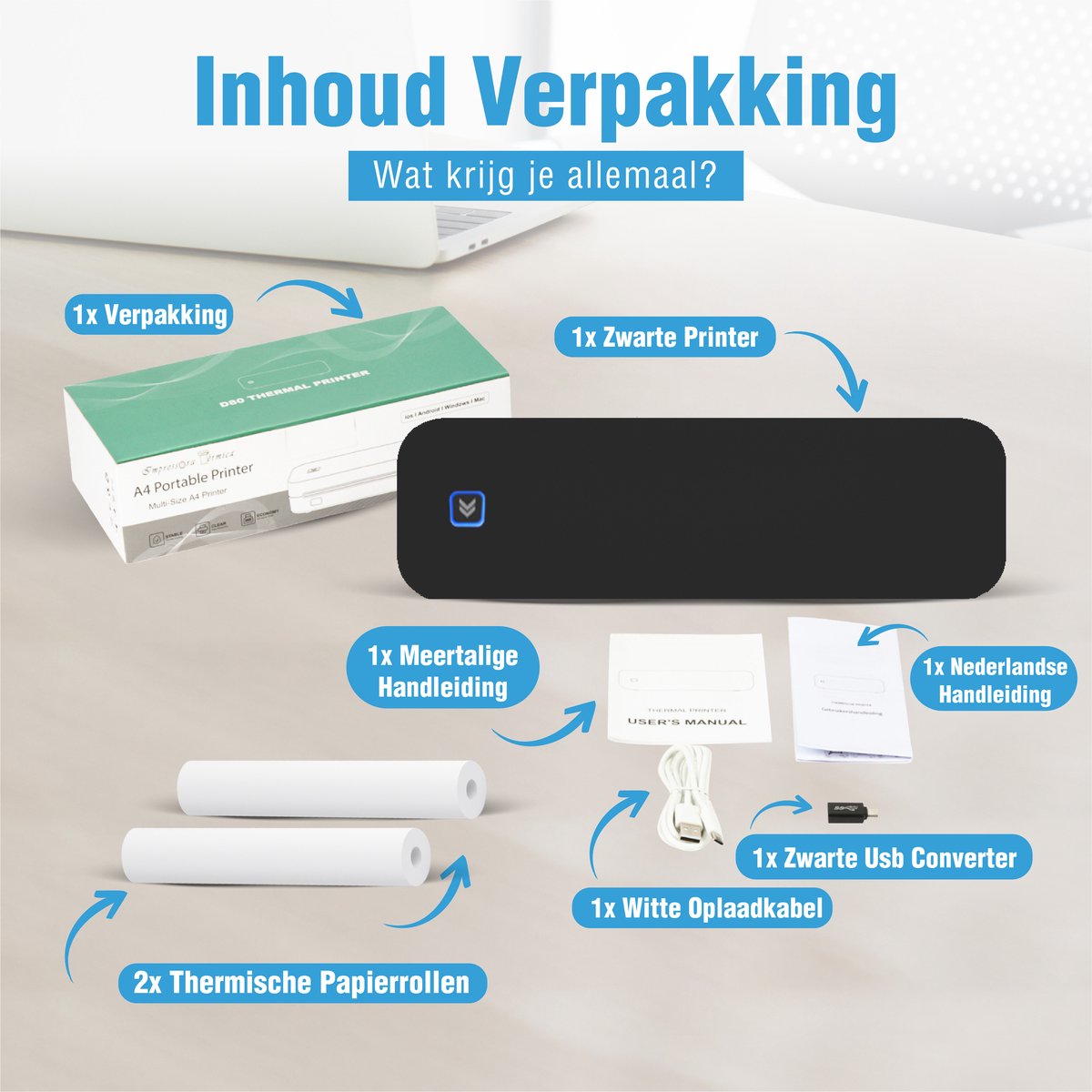 Impressora Térmica® - Thermische A4 printer - Mini Printer voor Mobiel/Tablet/Laptop - 304 DPI - Pocket Printer - Tattoo printer - Inclusief twee rollen thermisch papier - Zwart — afbeelding 7