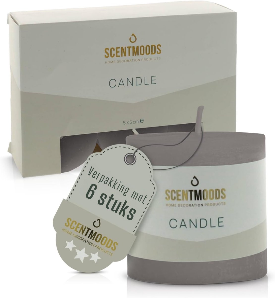 Scentmoods - Rustieke Kaarsen - Set van 6 - Grijs - Kaars - 5x5cm