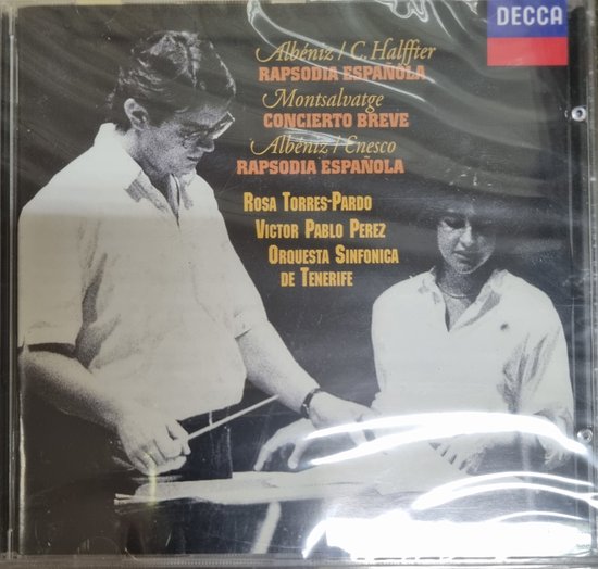 Voorzijde van een CD hoes met een zwart-wit foto van een dirigent en een pianist, met de titel "Rapsodia española"