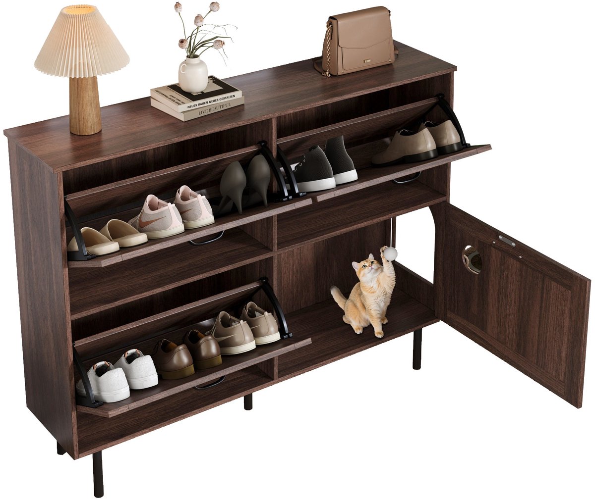 Merax Smalle Schoenenkast 120x28x92 cm - Halmeubel met 3 Kleppen en Multifunctioneel Vak met Katteningang - Bruin met Zwart