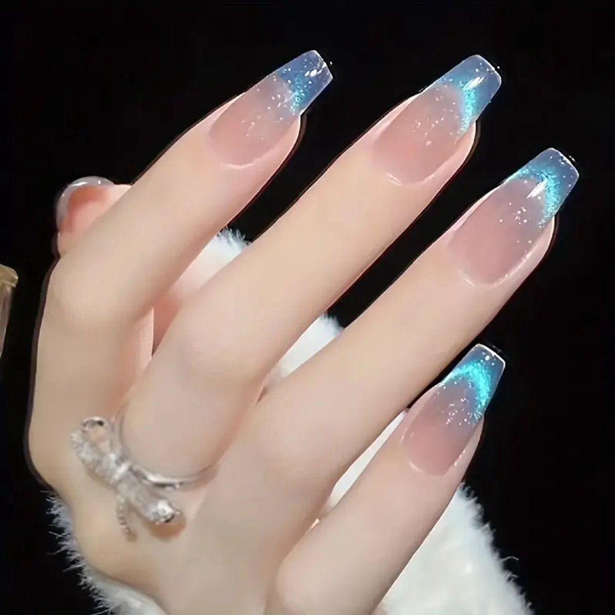 Press On Nails - plaknagels - Aurora Blauw – balerina - lang - 24 stuks