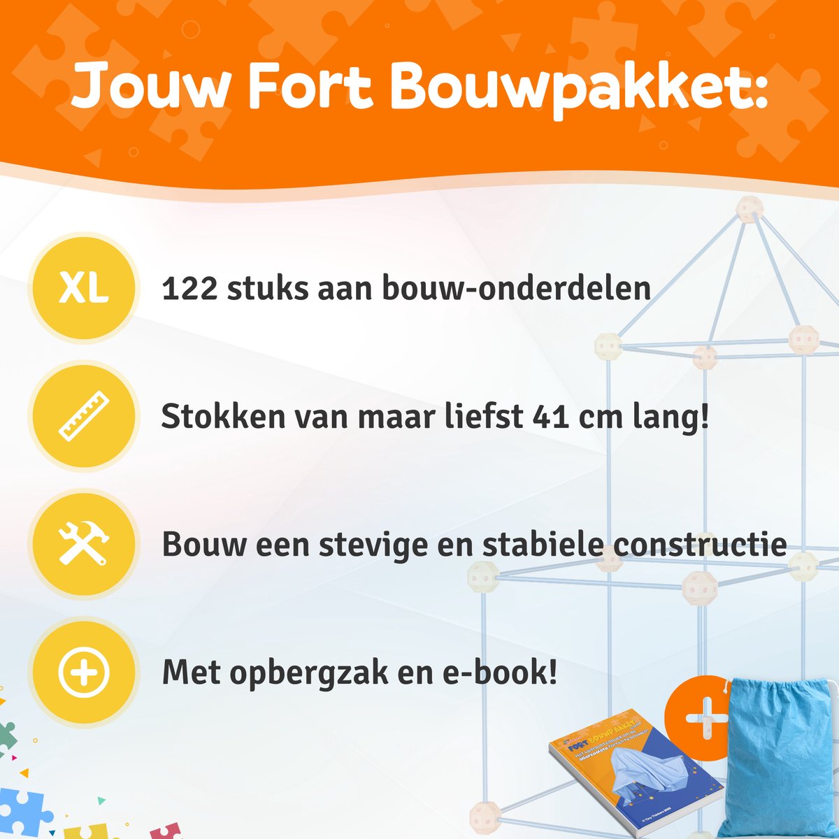 Fort Bouwpakket XL met 122 Onderdelen - Incl. Opbergzak & E-book - Constructiespeelgoed - Speeltent - Educatief Speelgoed - Bouwspeelgoed - Hut Bouwen — afbeelding 2