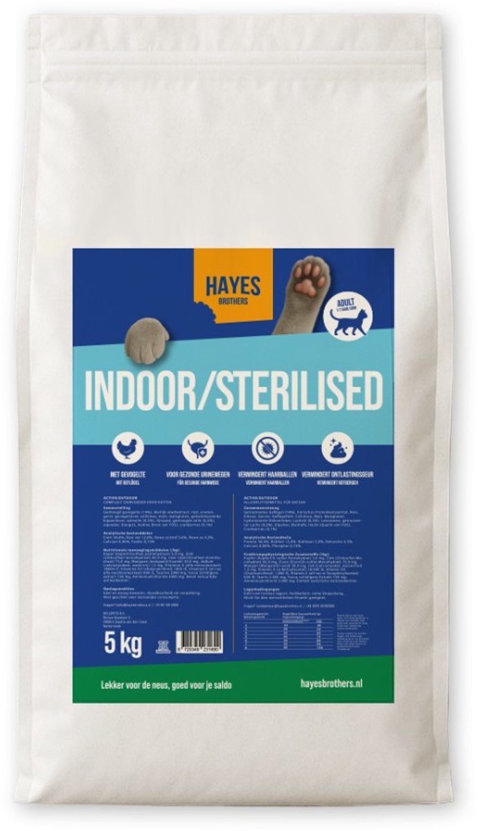 Hayes Brothers Indoor/Sterilised Kattenvoer 5kg – Droogvoer voor Binnen- en Gesteriliseerde Katten