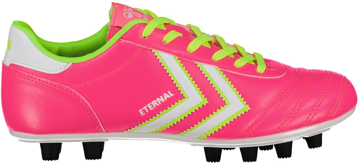 HUMMEL Eternal voetbalschoenen in felroze met groene accenten en zwarte noppen, maat EU 38.