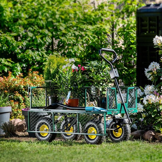 KADAX Nettuinwagen met afneembaar zeil, draagkracht 300 kg, bolderkar van gepoedercoat staal, handkar met antislipgreep, tuinwagen, transportwagen (120 l, groen/zwart) van Merkloos — afbeelding 5