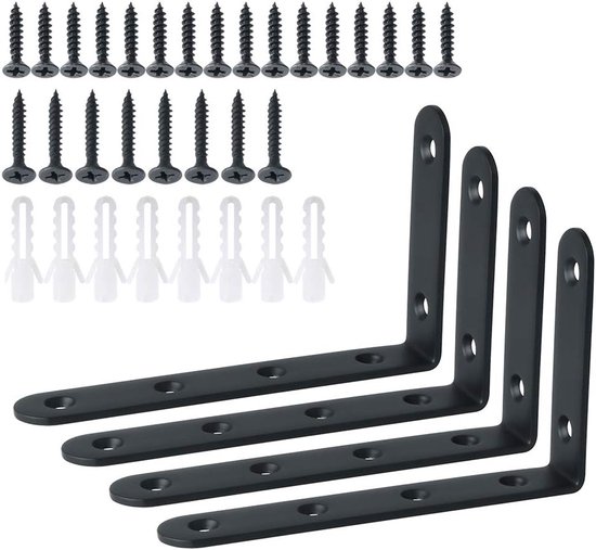Support de meuble - 4 pièces - Équerre en L - Équerre d'angle en acier inoxydable - Connecteurs d'angle - Ancrage d'angle - Connecteurs d'angle - Équerre fixe - Équerre d'angle - Support de mur de jardin - Zwart - 125x75x20 mm - Avec vis