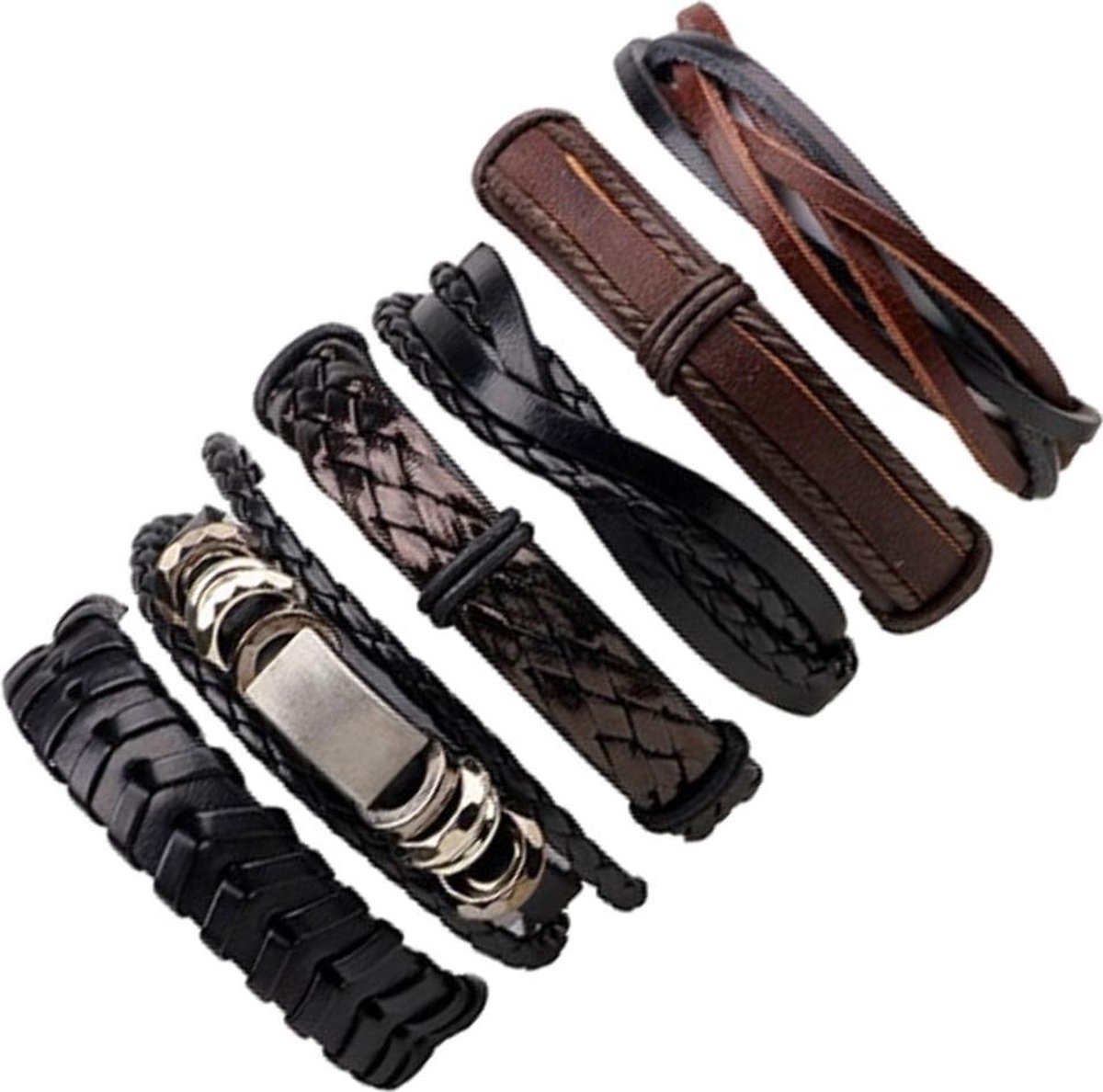 Fako Bijoux® - Leren Armband - Leder - Set Deluxe - 6 Stuks - Zwart/Bruin - Fako Bijoux®