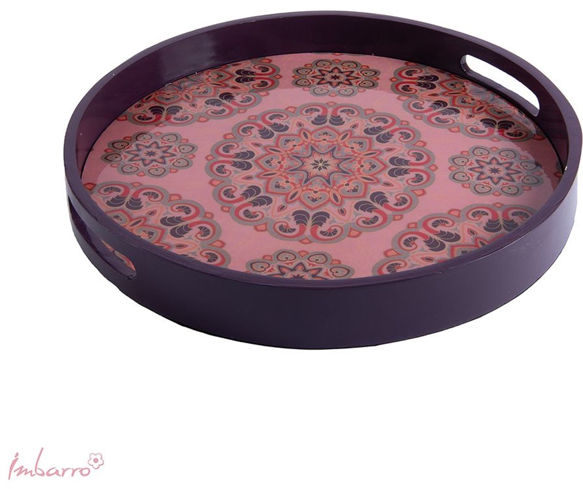Imbarro Fashion & Home ronde houten dienblad Paars Roze met decoratief patroon 40 x 40 x 5 cm