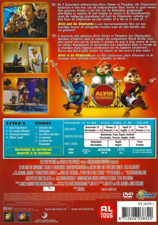 Poster van "Alvin And The Chipmunks" met de Chipmunks die instrumenten bespelen.