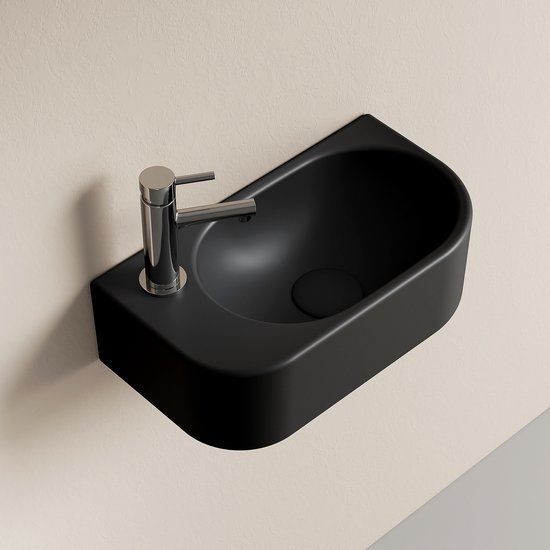 Fontaine WC EMKE - Montage mural - Lavabo Toilettes en céramique - Noir Zwart - 40 x 21,5 x 12 cm - Trou pour robinet à droite